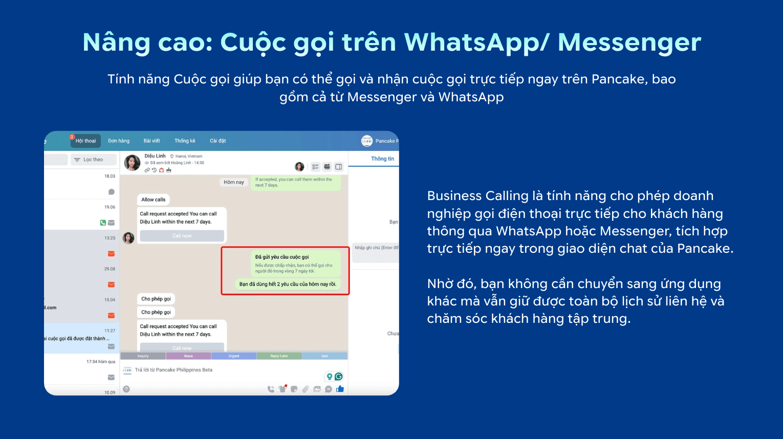 Business Calling — gọi điện trực tiếp qua WhatsApp/Messenger từ giao diện Pancake