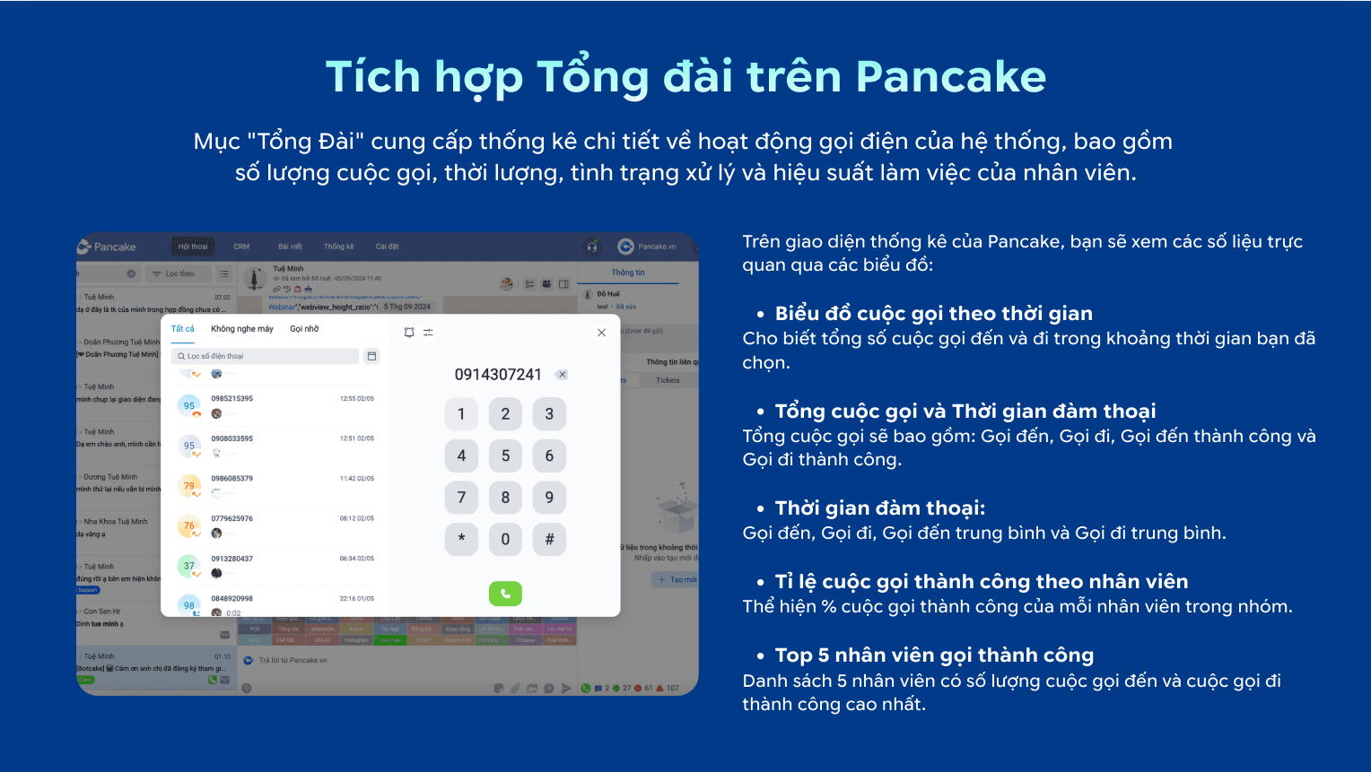 Tích hợp tổng đài + dashboard thống kê cuộc gọi trong Pancake