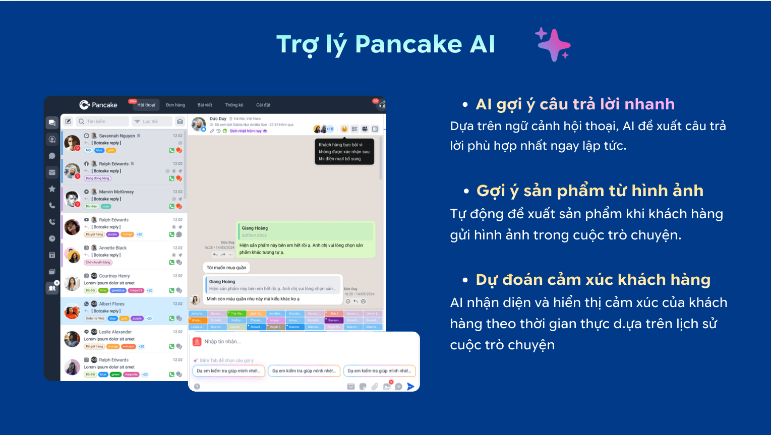 Trợ lý Pancake AI: gợi ý câu trả lời, gợi ý sản phẩm từ hình ảnh, dự đoán cảm xúc khách hàng