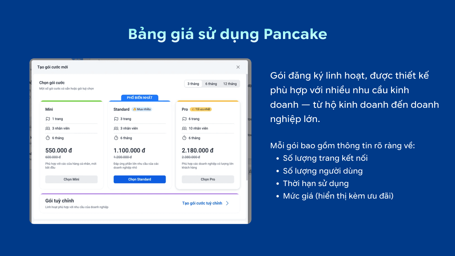Bảng giá Pancake: Mini 550K, Standard 1.1tr, Pro 2.18tr cho 6 tháng