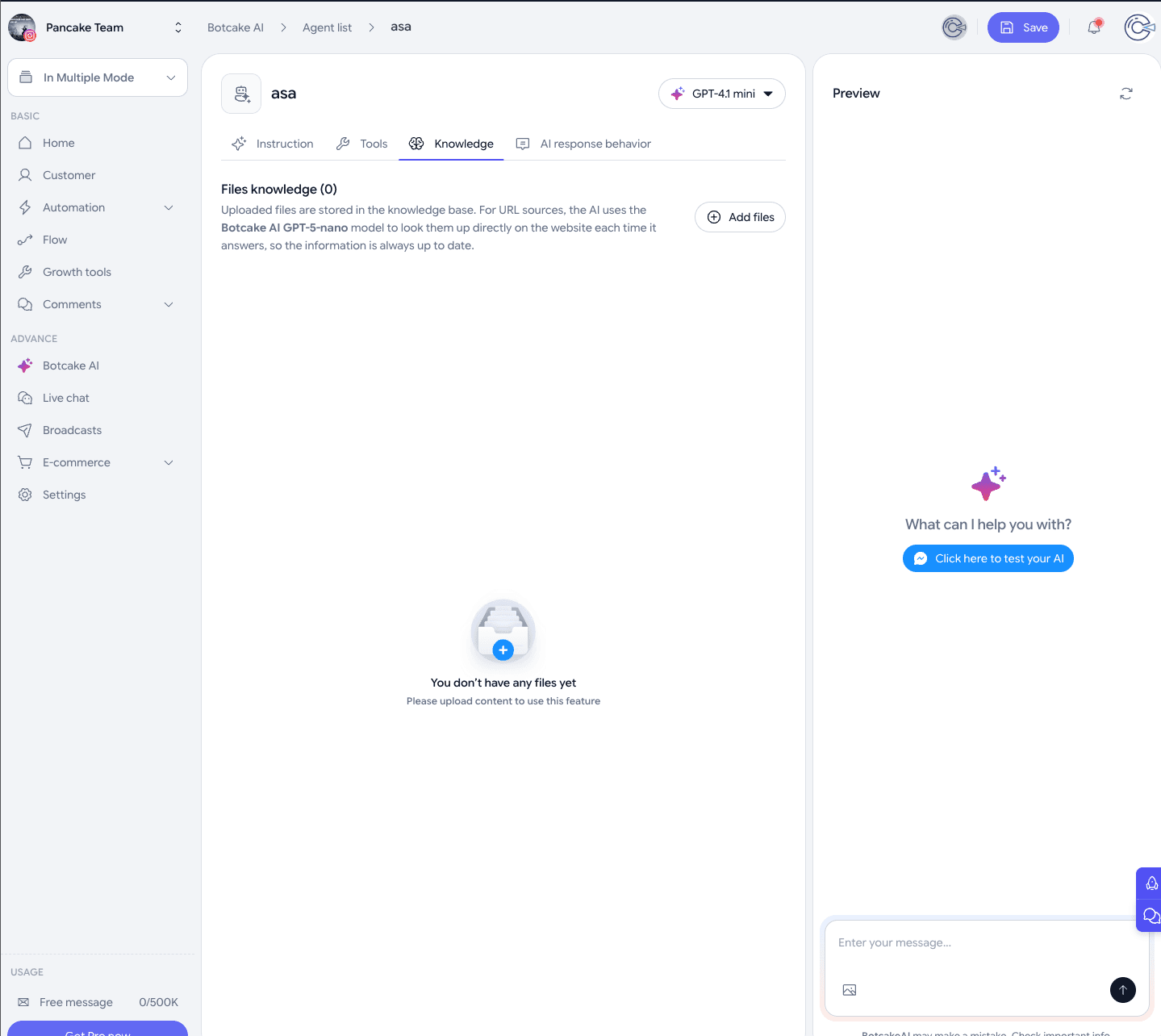 Preview pane on the right of the Agent screen with the Click here to test your AI button