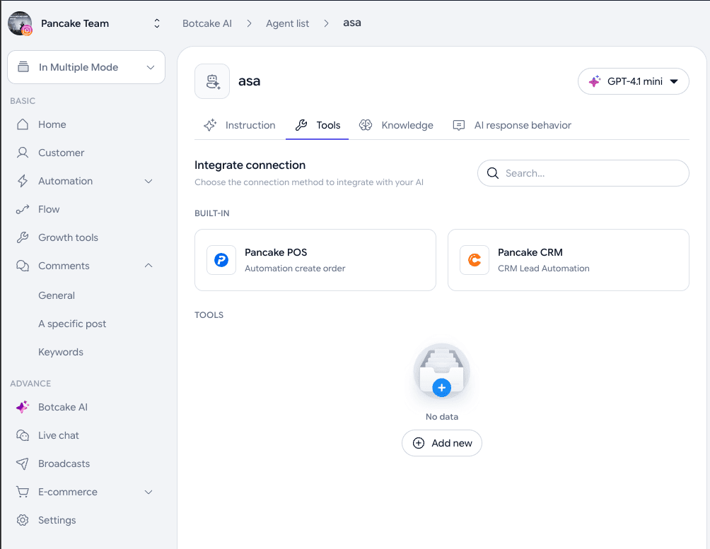 Agent Tools tab showing the two built-in integrations, Pancake POS and Pancake CRM