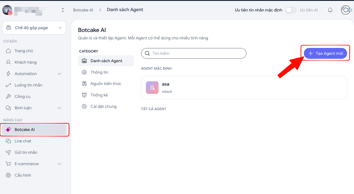 Botcake AI screen: ADVANCE menu on the left, agent list and the Create new Agent button