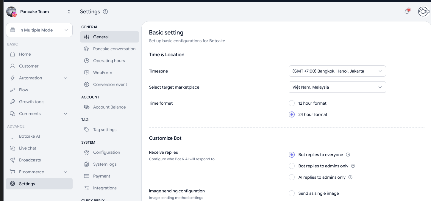 Botcake General settings: Timezone set to GMT+7 and the Receive replies options