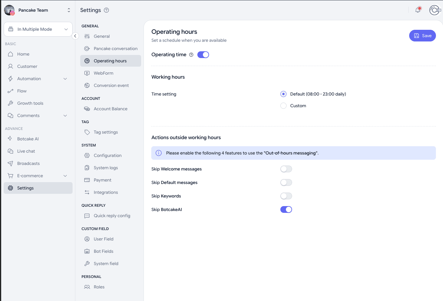Botcake Operating hours screen: Working hours and the four Actions outside working hours toggles