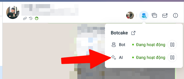 Botcake popover inside a Pancake conversation showing Bot and AI rows, each with a pause button