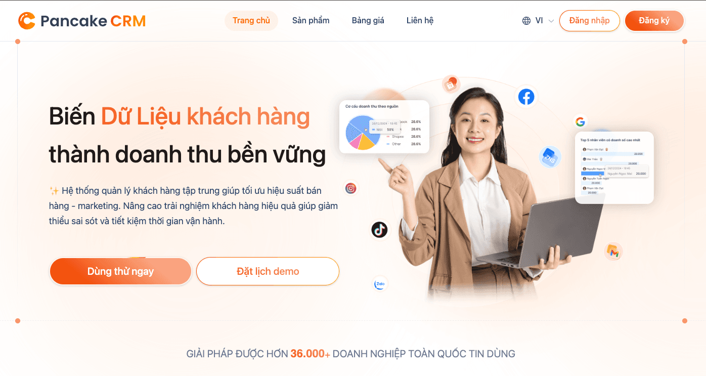 Pancake CRM landing page — Biến dữ liệu khách hàng thành doanh thu bền vững
